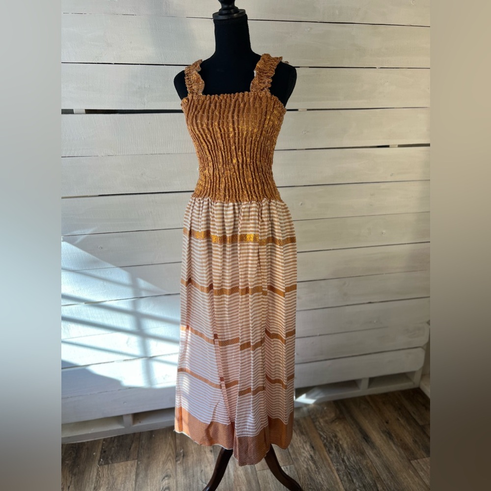 True vintage 1970s smocked maxi dress